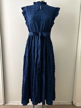 Women's Navy Ruffle Sleeve Midi Dress with Waist Tie